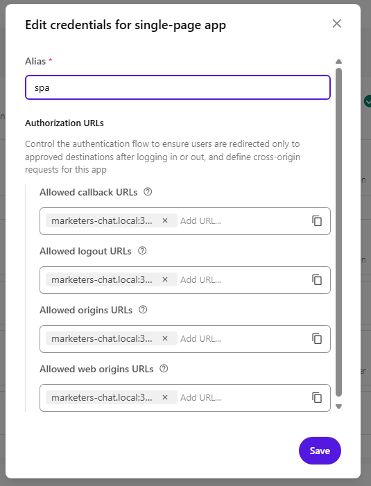 Edit credentials dialog with Authorization URLs filled in